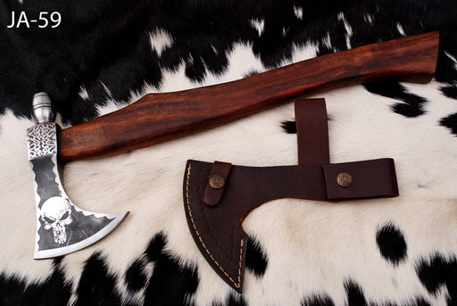 (AW-59) Hand-Forged Tactical Tomahawk – Engraved Skull Motif & Rosewood Handle with Leather Sheath