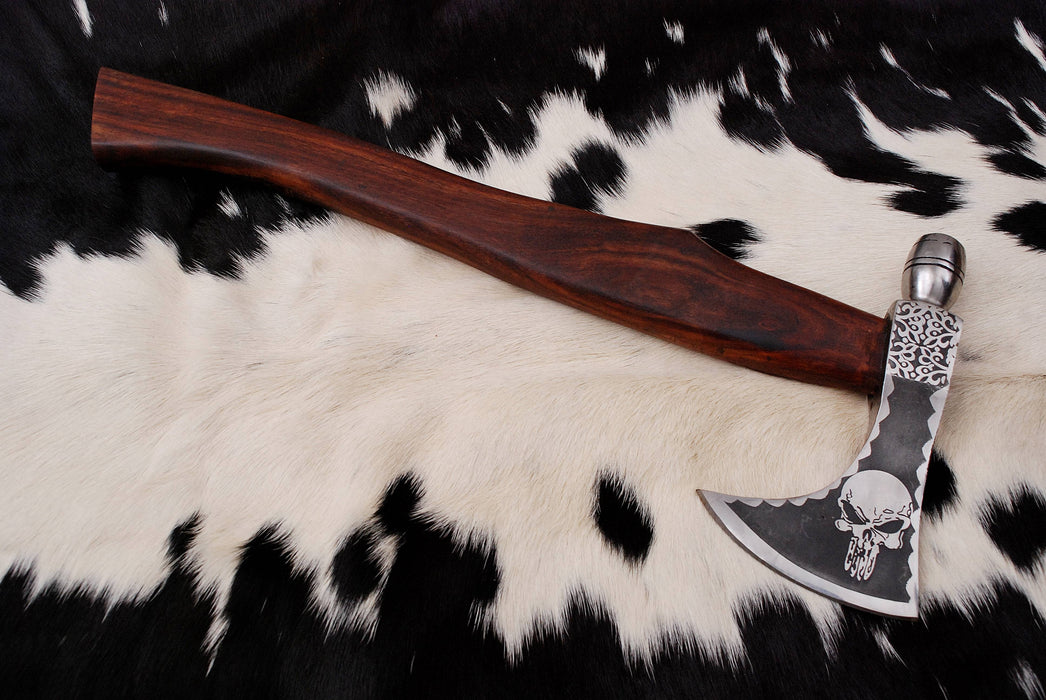 (AW-59) Hand-Forged Tactical Tomahawk – Engraved Skull Motif & Rosewood Handle with Leather Sheath