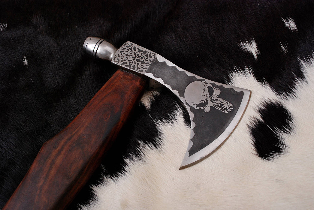 (AW-59) Hand-Forged Tactical Tomahawk – Engraved Skull Motif & Rosewood Handle with Leather Sheath