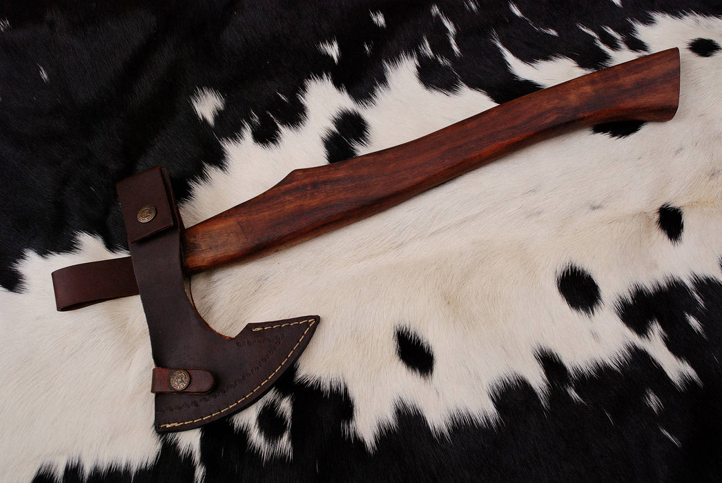 (AW-59) Hand-Forged Tactical Tomahawk – Engraved Skull Motif & Rosewood Handle with Leather Sheath