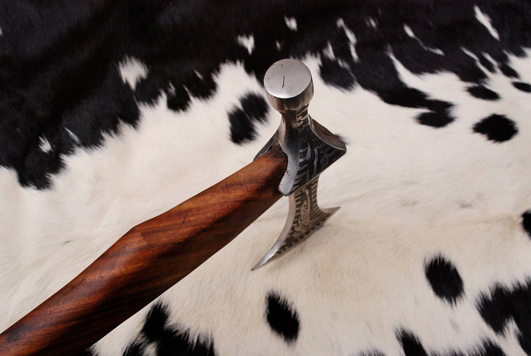 (AW-60) Custom Hand-Forged Viking Tomahawk – Nordic Etched Blade & Ergonomic Hardwood Handle