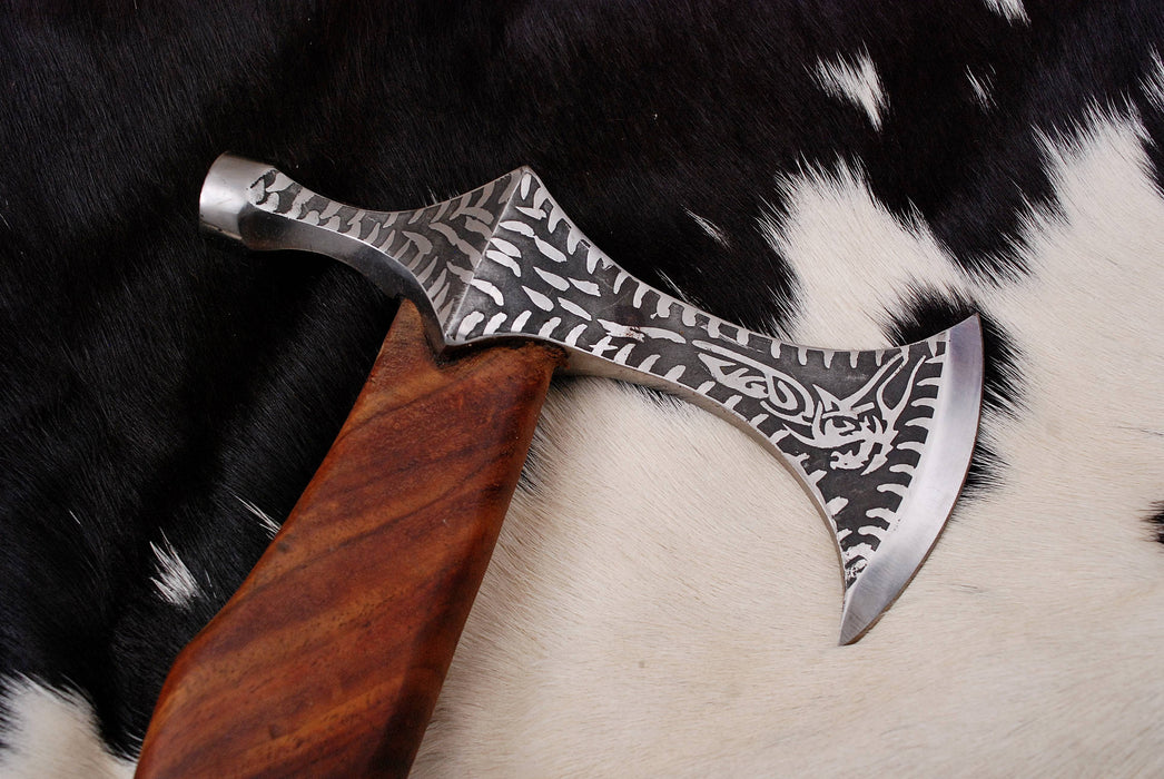 (AW-60) Custom Hand-Forged Viking Tomahawk – Nordic Etched Blade & Ergonomic Hardwood Handle