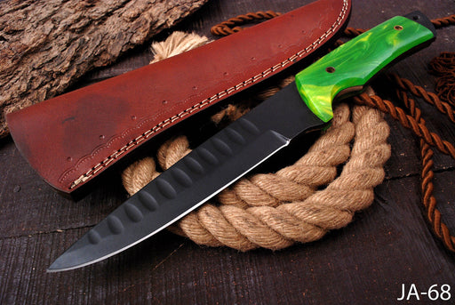 AW-68 Premium Fixed Blade Hunting Knife with Resin Handle & Leather Sheath