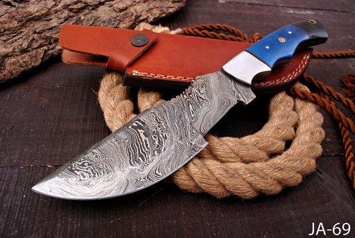 AW-69 Handcrafted Damascus Steel Hunting Knife with Blue Resin Handle & Leather Sheath