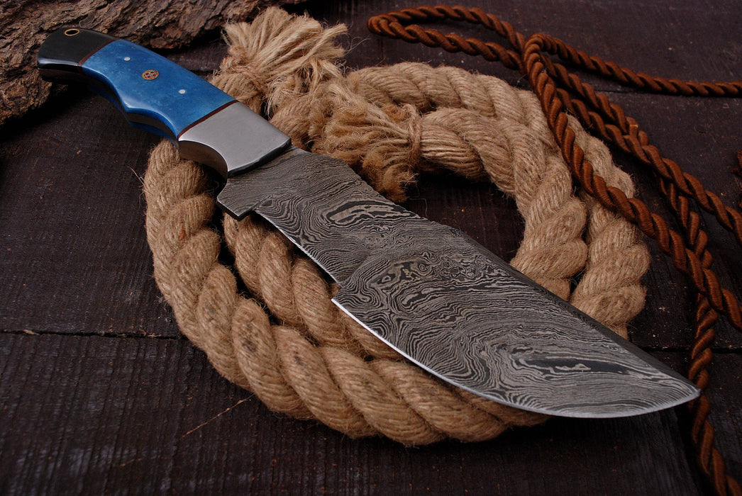AW-69 Handcrafted Damascus Steel Hunting Knife with Blue Resin Handle & Leather Sheath
