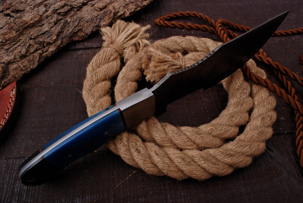 AW-69 Handcrafted Damascus Steel Hunting Knife with Blue Resin Handle & Leather Sheath