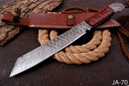 AW-70 Extra-Long Damascus Steel Bowie Knife with Wood Handle & Leather Sheath