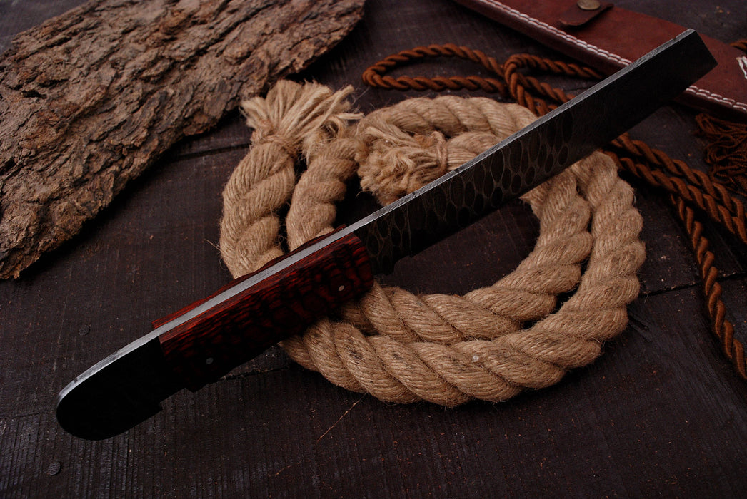 AW-70 Extra-Long Damascus Steel Bowie Knife with Wood Handle & Leather Sheath