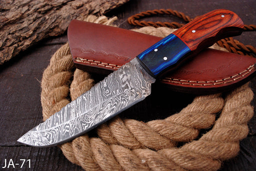 (AW-71) Hand-Forged Damascus Steel Hunting Knife with Blue Resin & Pakkawood Handle