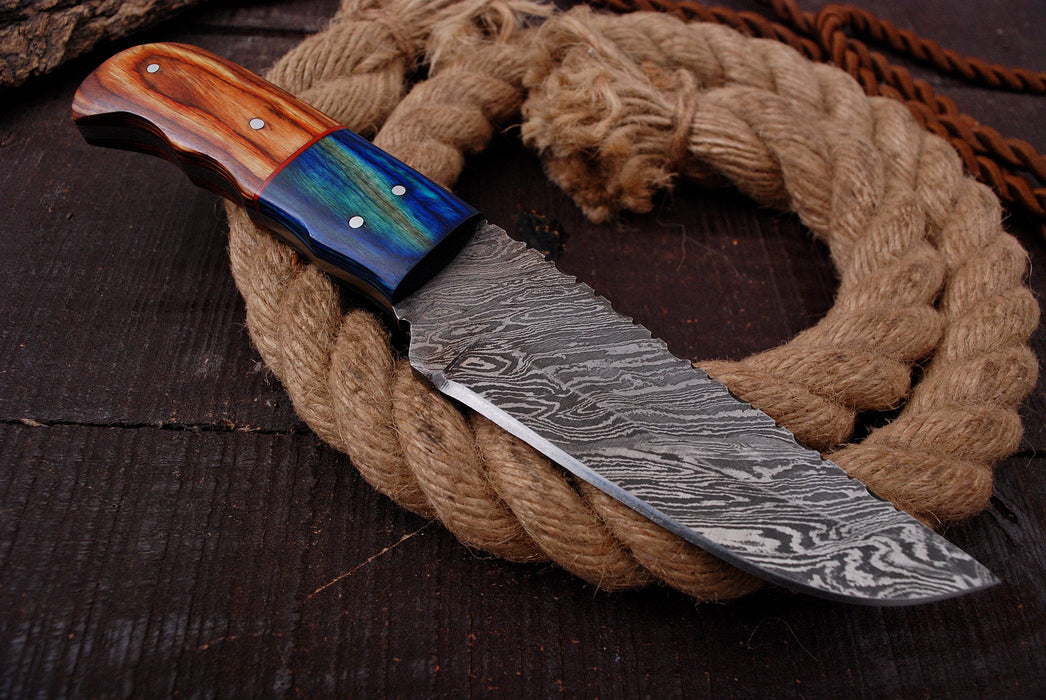 (AW-71) Hand-Forged Damascus Steel Hunting Knife with Blue Resin & Pakkawood Handle