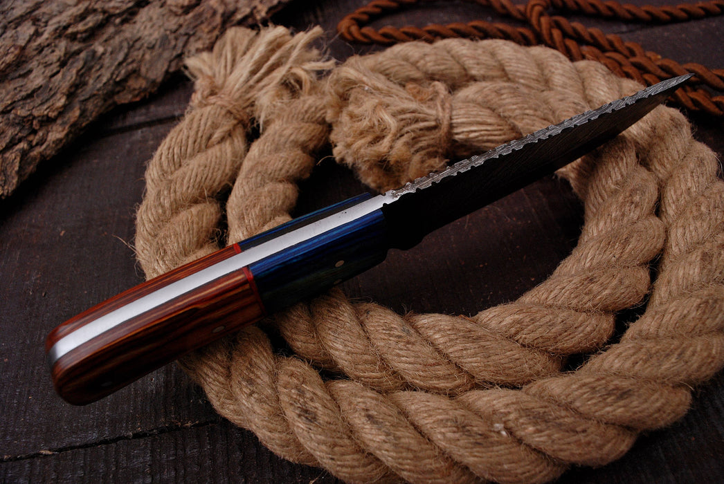(AW-71) Hand-Forged Damascus Steel Hunting Knife with Blue Resin & Pakkawood Handle