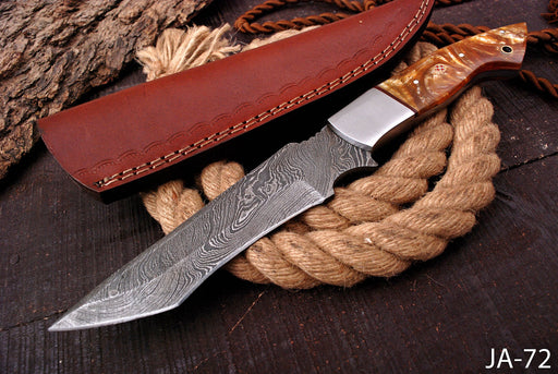(AW-72) Hand-Forged Damascus Steel Tanto Knife with Honey Resin Handle and Mosaic Pin