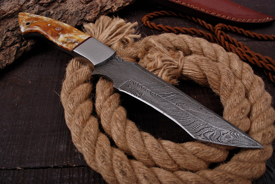 (AW-72) Hand-Forged Damascus Steel Tanto Knife with Honey Resin Handle and Mosaic Pin