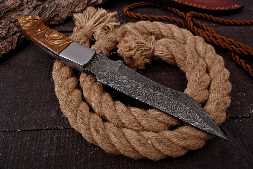 (AW-72) Hand-Forged Damascus Steel Tanto Knife with Honey Resin Handle and Mosaic Pin