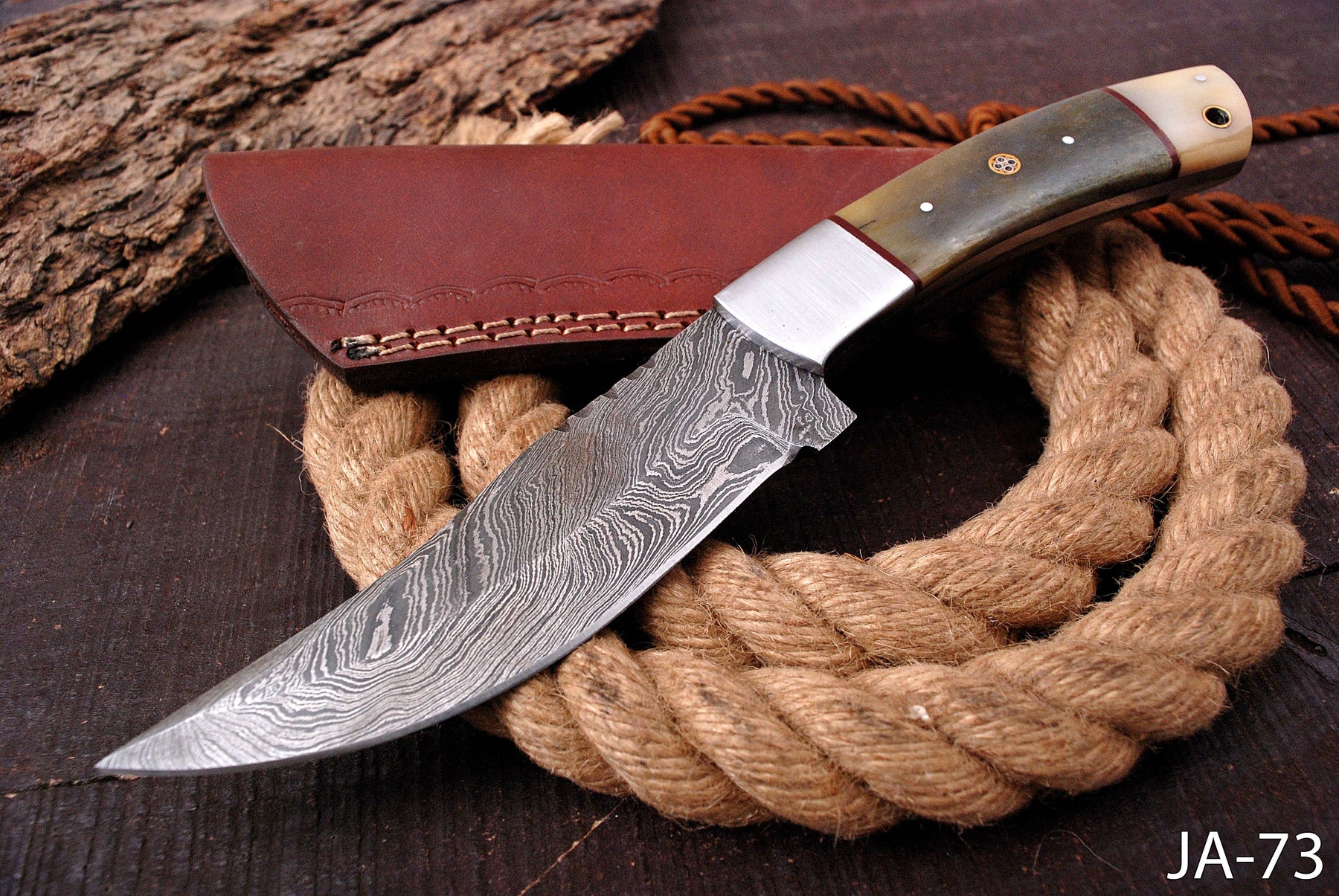 (AW-73) Custom Damascus Steel Trailing Point Knife with Olive & Bone Handle