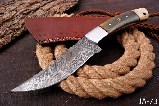 (AW-73) Custom Damascus Steel Trailing Point Knife with Olive & Bone Handle