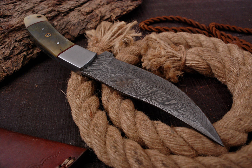 (AW-73) Custom Damascus Steel Trailing Point Knife with Olive & Bone Handle