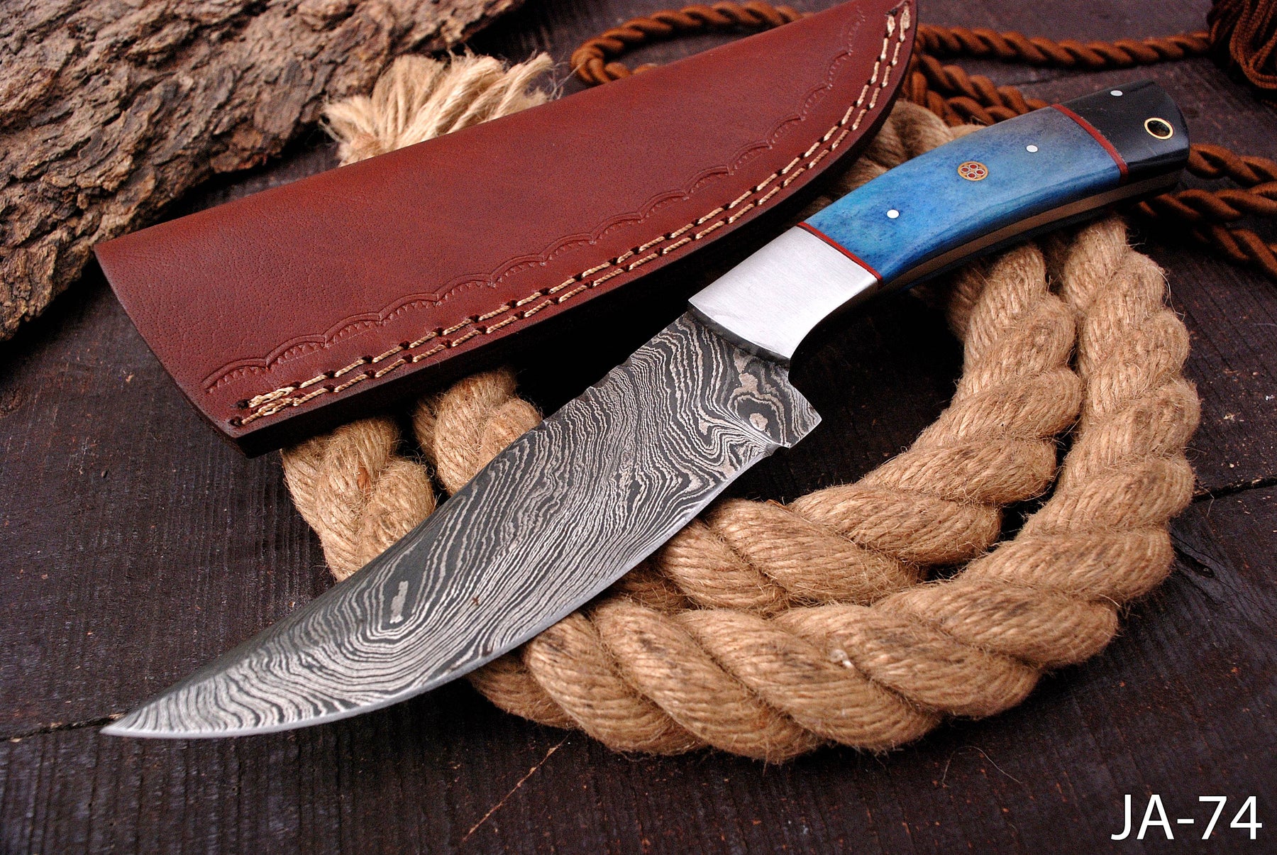 AW-74 Damascus Steel Skinner Hunting Knife with Blue Resin Handle & Leather Sheath