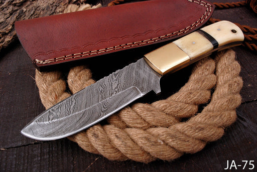 AW-75Damascus Steel Hunting Knife with Bone Handle & Leather Sheath
