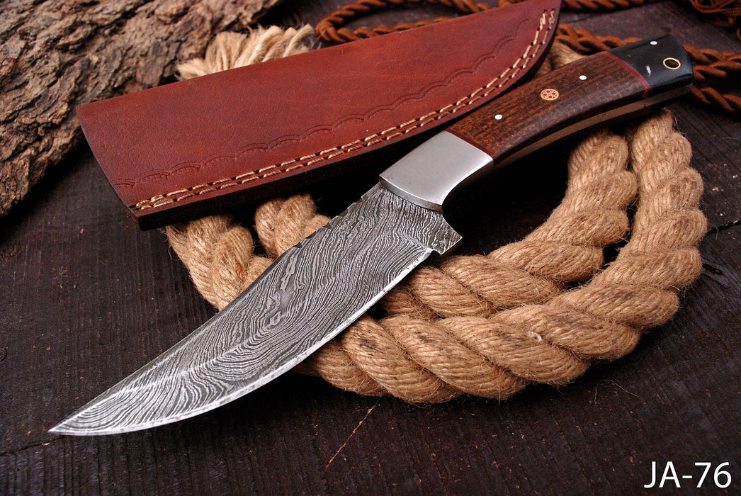 AW-76 Damascus Steel Skinner Knife with Wood Handle & Leather Sheath