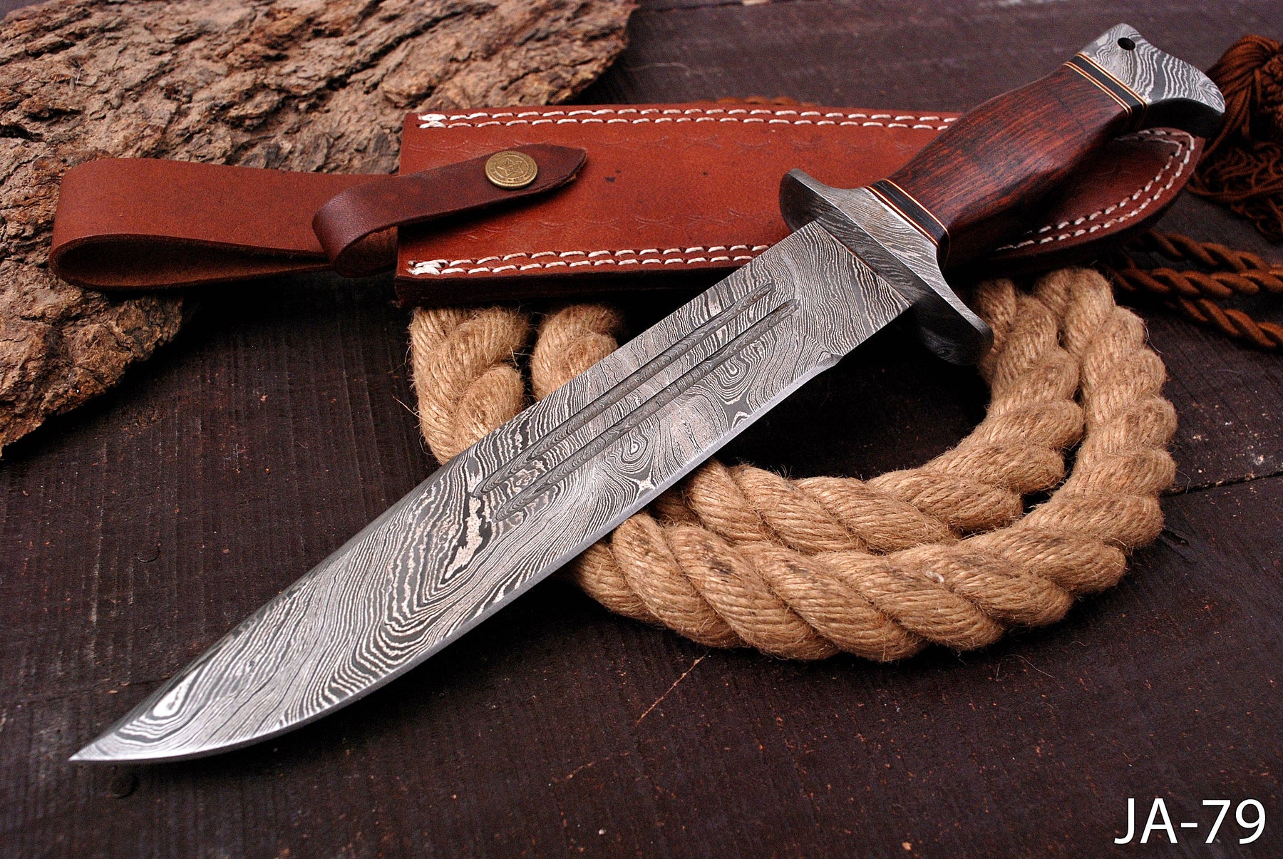 AW-79 Hand-Forged Damascus Steel Bowie Knife with Rosewood Handle and Triple Blood Grooves