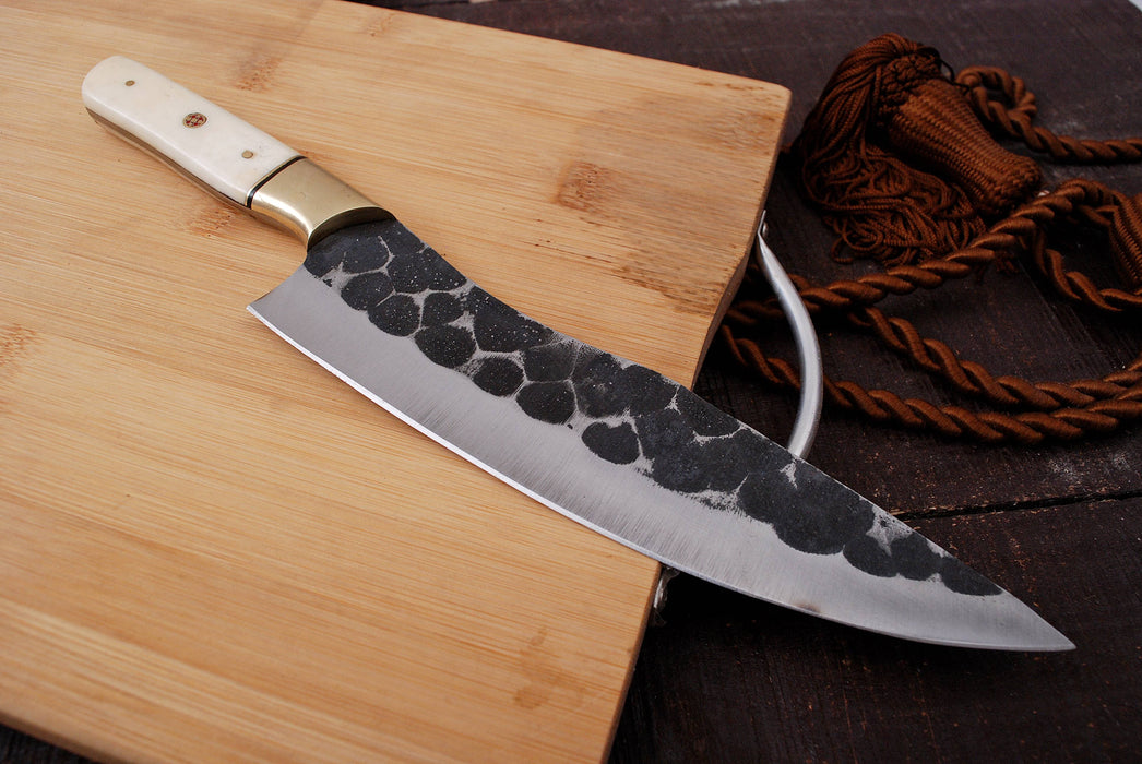 AW-80 Hand-Forged High Carbon Steel Chef Knife with Bone Handle and Brass Bolster