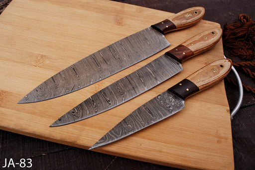 (AW-83)  3-Piece Professional Damascus Steel Chef Knife Set with Rosewood & Bone Handle
