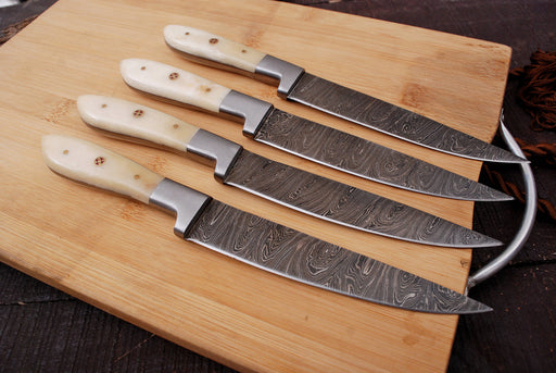 (AW-84) 4-Piece Professional Damascus Steel Steak Knife Set with Polished Bone Handles