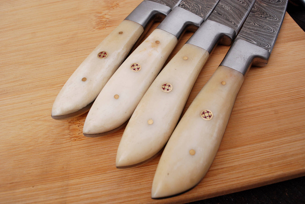 (AW-84) 4-Piece Professional Damascus Steel Steak Knife Set with Polished Bone Handles