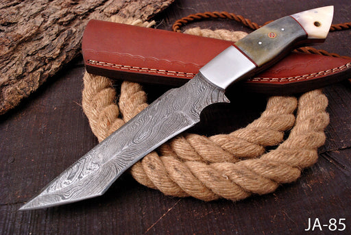 AW-85 Hand-Forged Damascus Steel Tanto Knife with Olive Resin & Bone Handle