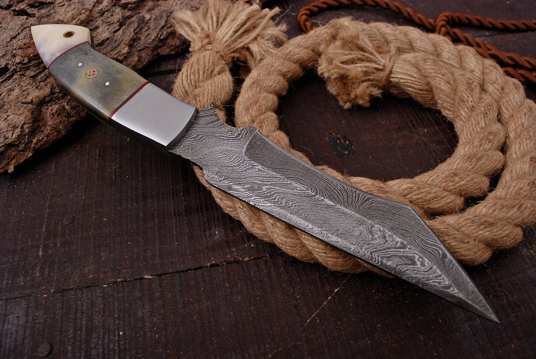 AW-85 Hand-Forged Damascus Steel Tanto Knife with Olive Resin & Bone Handle