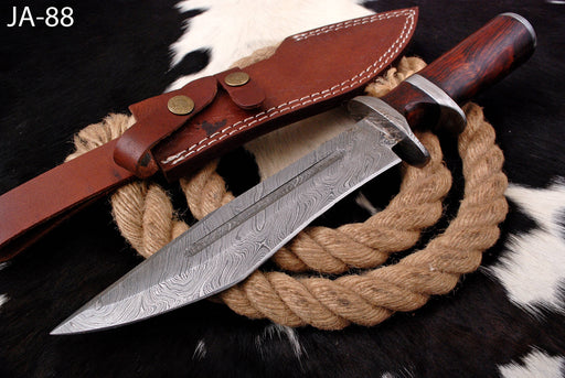 AW-88 Hand-Forged Damascus Steel Bowie Knife with Rosewood Handle and Steel Guard