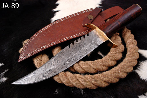 AW-89 Hand-Forged Damascus Steel Sawback Bowie Knife with Brass Guard and Rosewood Handle