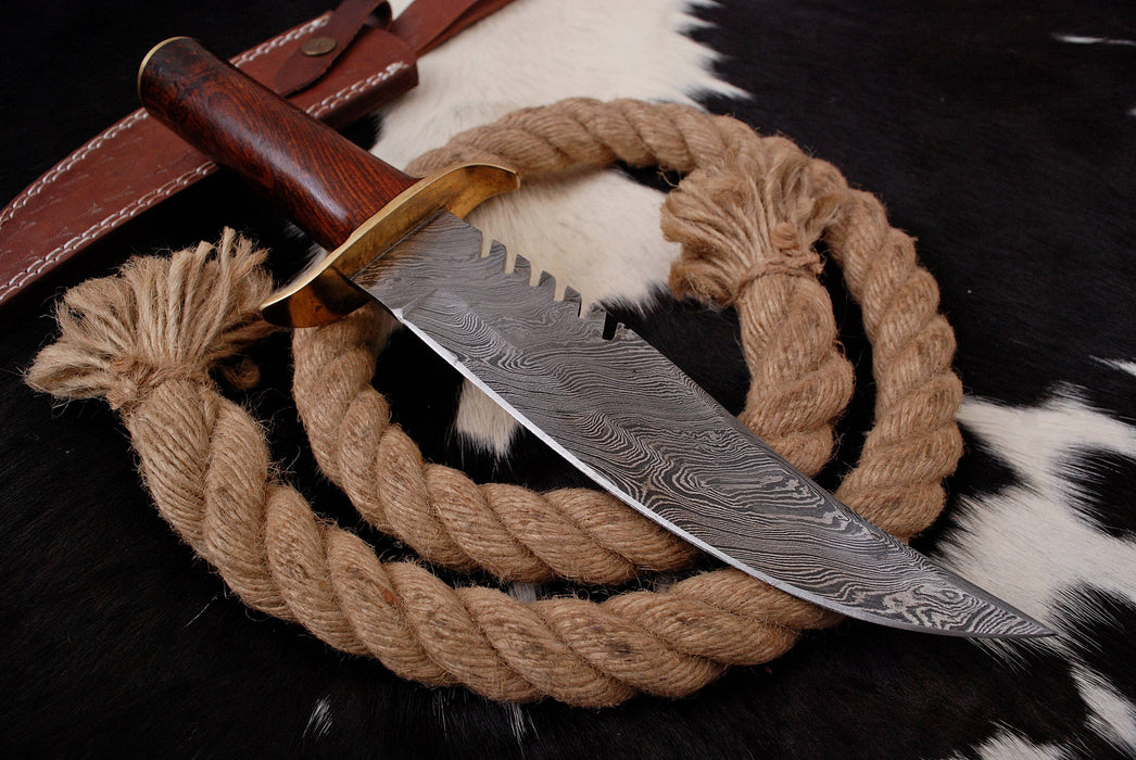 AW-89 Hand-Forged Damascus Steel Sawback Bowie Knife with Brass Guard and Rosewood Handle