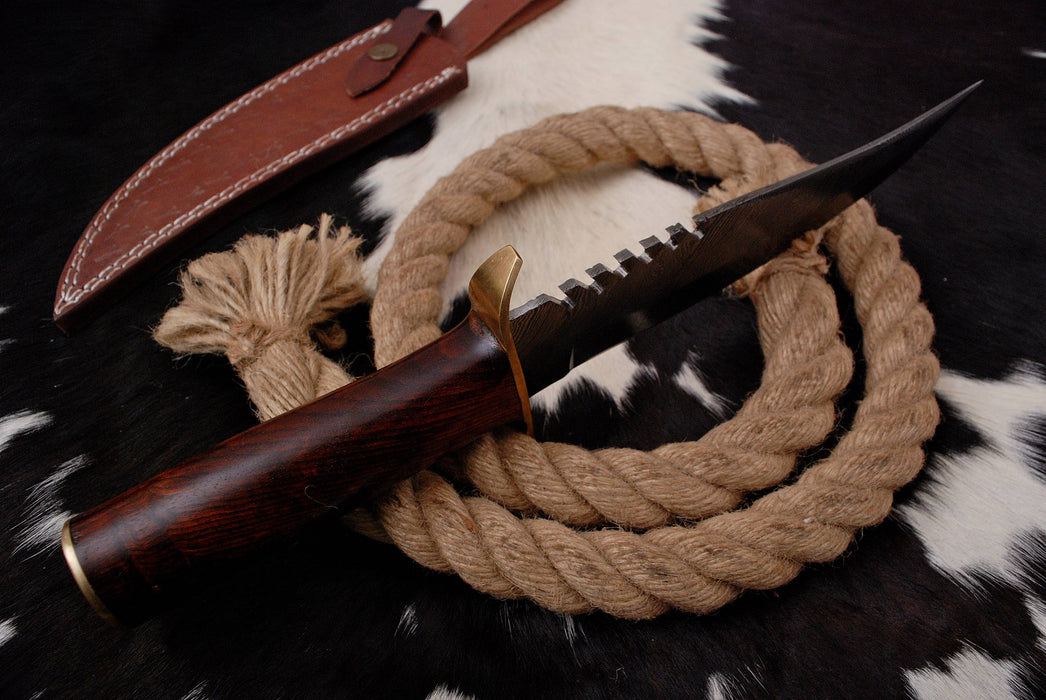 AW-89 Hand-Forged Damascus Steel Sawback Bowie Knife with Brass Guard and Rosewood Handle