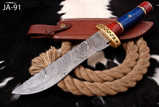 AW-91 Hand-Forged Damascus Steel Viking-Style Seax Knife with Ornate Brass Guard