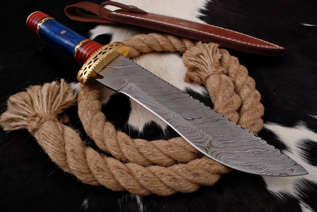 AW-91 Hand-Forged Damascus Steel Viking-Style Seax Knife with Ornate Brass Guard