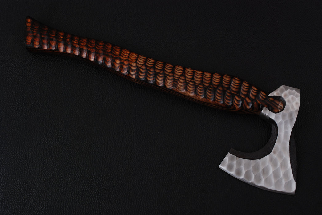 Hand-Forged Bearded Viking Axe with Textured Steel and Carved Scalloped Handle (AW-139)