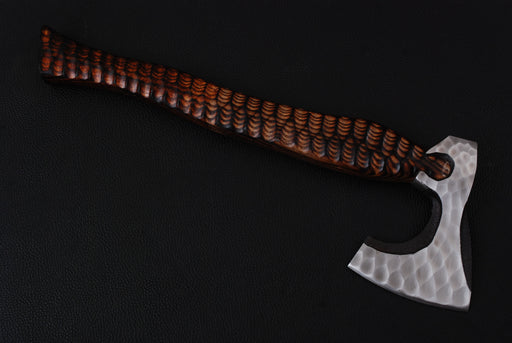 Hand-Forged Bearded Viking Axe with Textured Steel and Carved Scalloped Handle (AW-139)