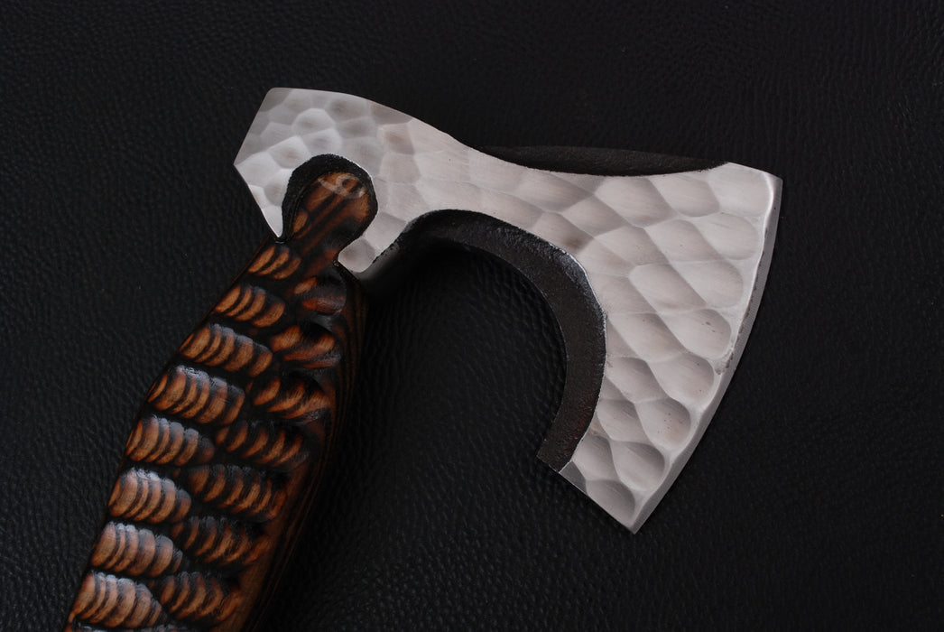Hand-Forged Bearded Viking Axe with Textured Steel and Carved Scalloped Handle (AW-139)