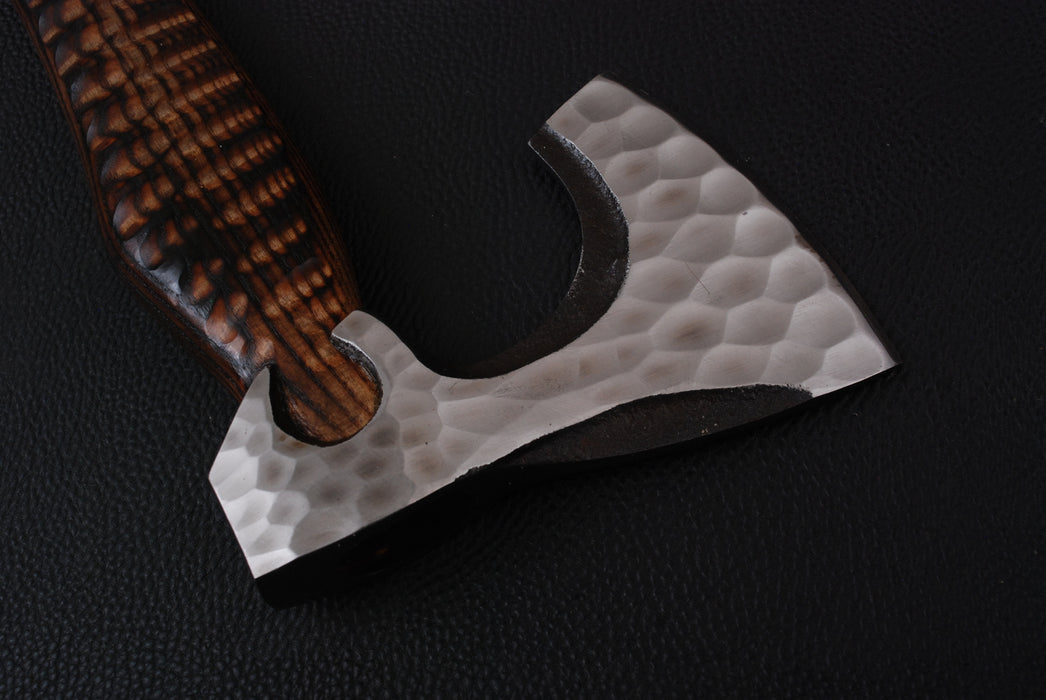 Hand-Forged Bearded Viking Axe with Textured Steel and Carved Scalloped Handle (AW-139)