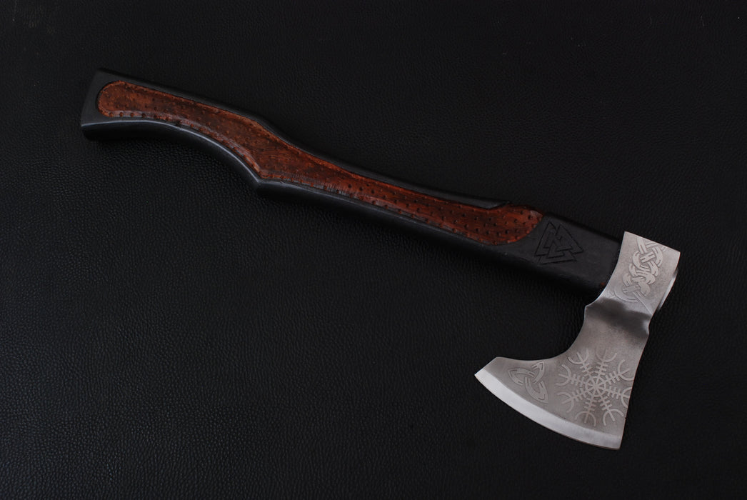 Engraved Nordic Viking Axe with Valknut Motif and Textured Leather Grip (AW-140)