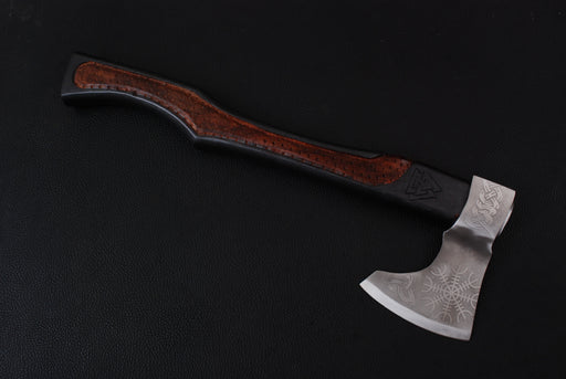 Engraved Nordic Viking Axe with Valknut Motif and Textured Leather Grip (AW-140)