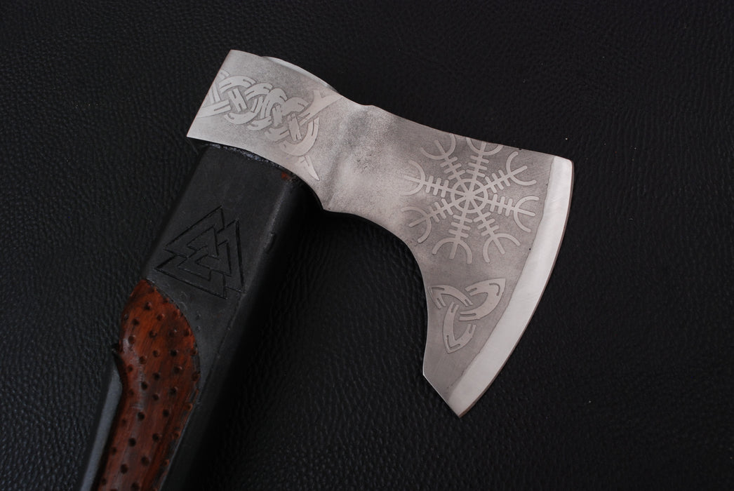 Engraved Nordic Viking Axe with Valknut Motif and Textured Leather Grip (AW-140)