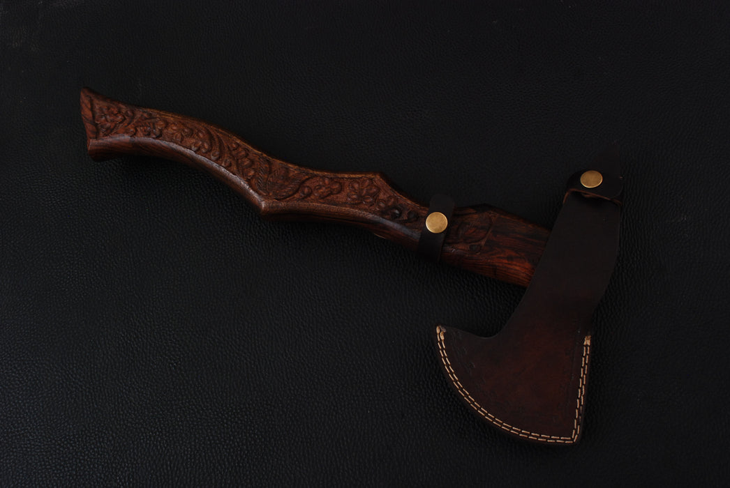 Hand-Carved Viking War Hammer Axe with Floral Engraved Handle (AW-142)