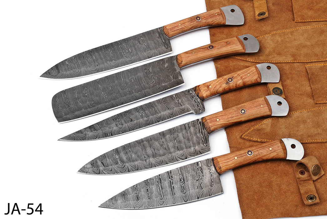 (AW-54) Handmade 5-Piece Damascus Steel Kitchen Knife Set – Natural Olive Wood Handles with Suede Leather Roll Bag