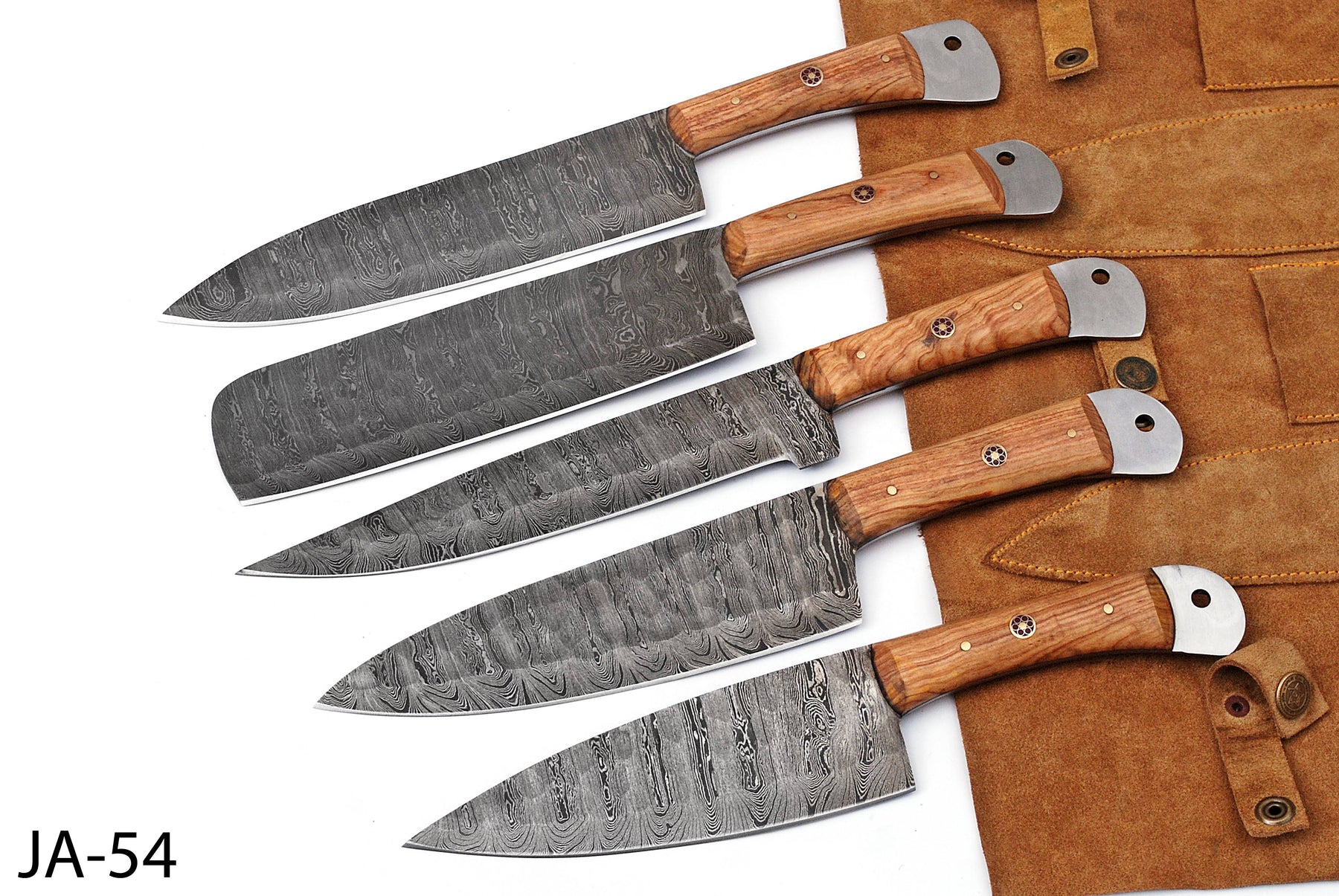 (AW-54) Handmade 5-Piece Damascus Steel Kitchen Knife Set – Natural Olive Wood Handles with Suede Leather Roll Bag