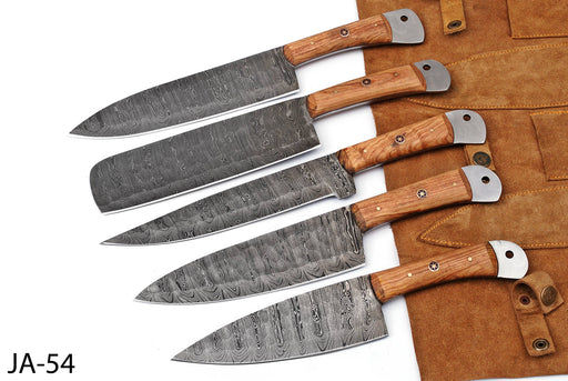 (AW-54) Handmade 5-Piece Damascus Steel Kitchen Knife Set – Natural Olive Wood Handles with Suede Leather Roll Bag