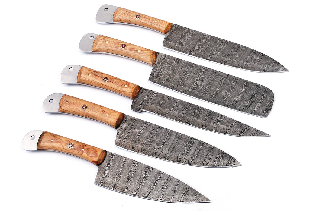 (AW-54) Handmade 5-Piece Damascus Steel Kitchen Knife Set – Natural Olive Wood Handles with Suede Leather Roll Bag