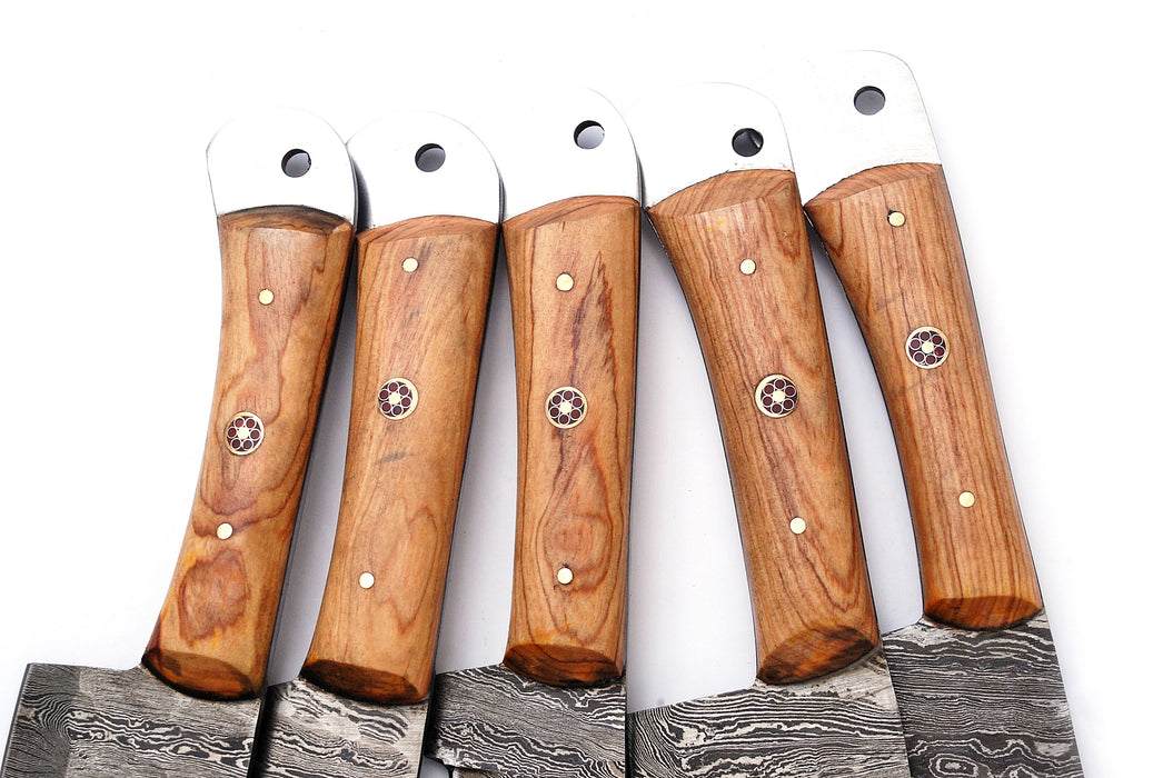(AW-54) Handmade 5-Piece Damascus Steel Kitchen Knife Set – Natural Olive Wood Handles with Suede Leather Roll Bag